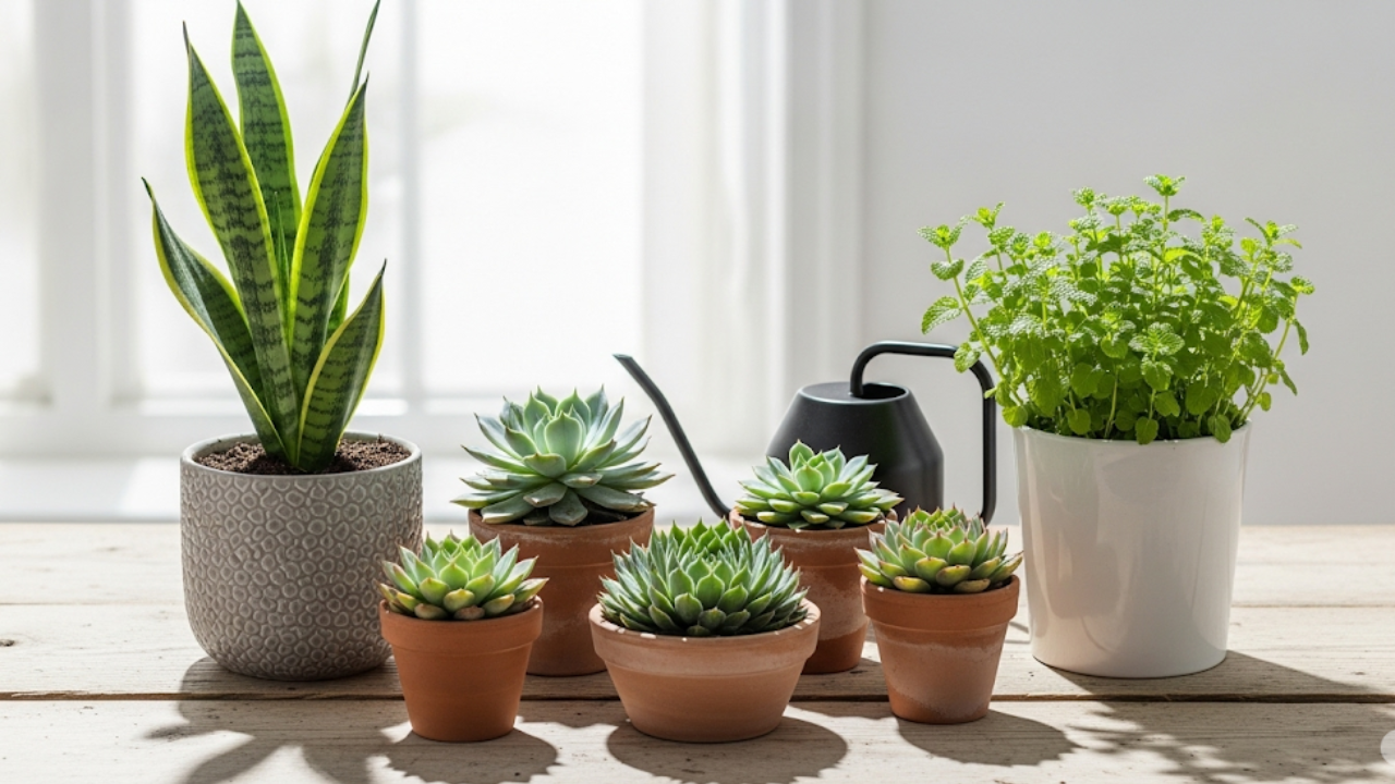  a selection of easy to care for pot plants with a watering can