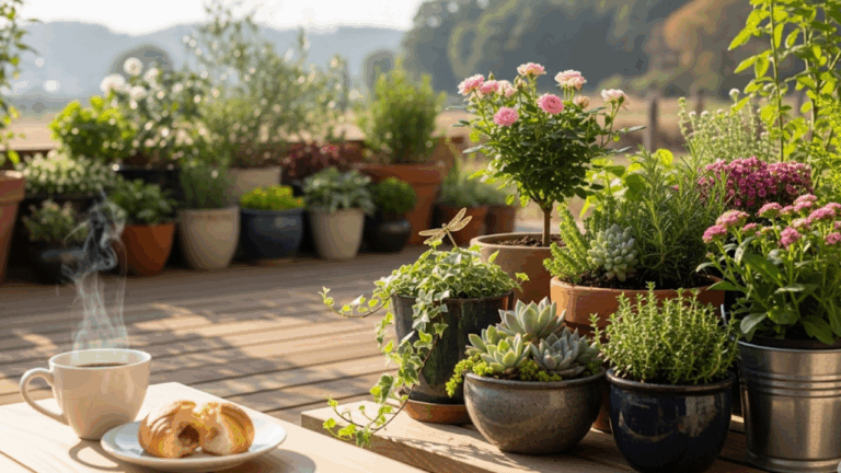 a range of different pot plants on a deck with a coffee. Therapeutic Gardening in Small Spaces