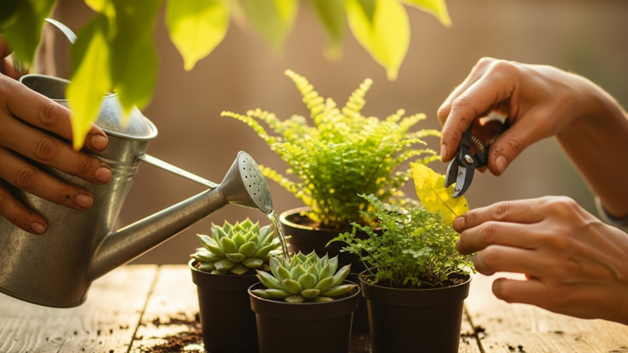 hands watering and pruning plants for a tactile response