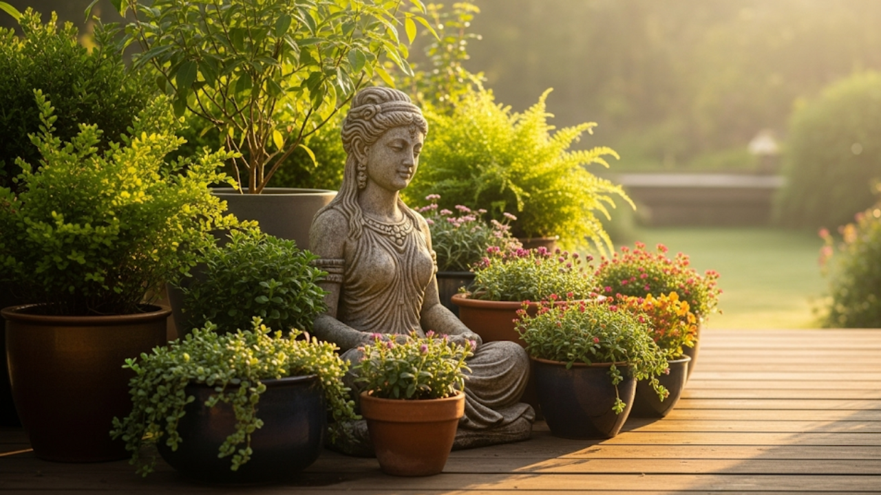 goddess statue sitting serenely on a deck amongst pot plants