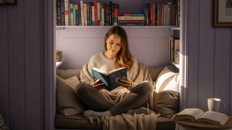 woman in a cozy reading nook for Cozy Seating Ideas for Small Spaces