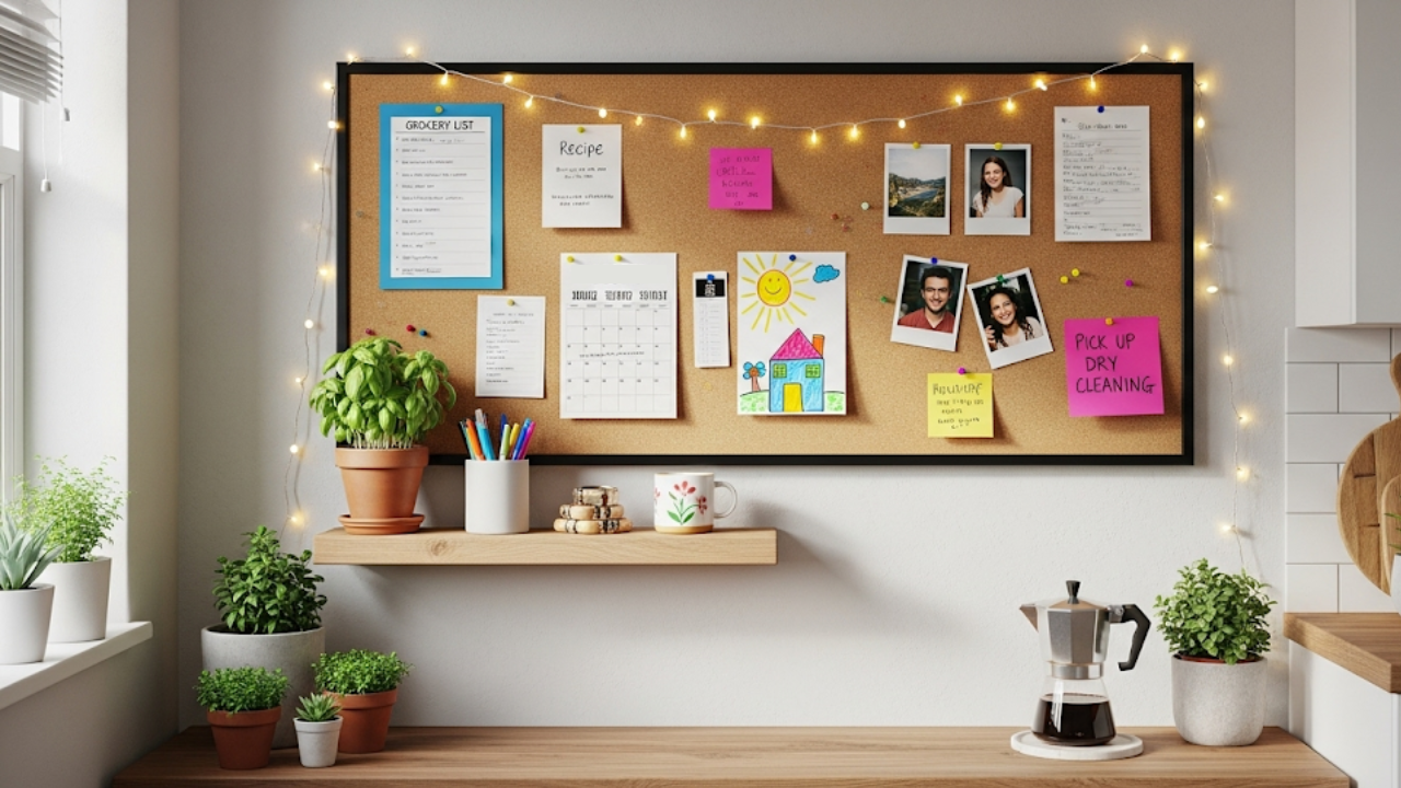 Corkboard with notes above a bench used for ADHD home organization in a cozy, functional space.