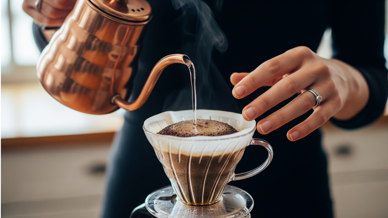 Hands making morning coffee as part of a simple ADHD-friendly routine