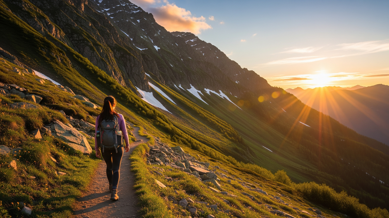 a mountain trail with a girl walking along it. the sun rises in the background