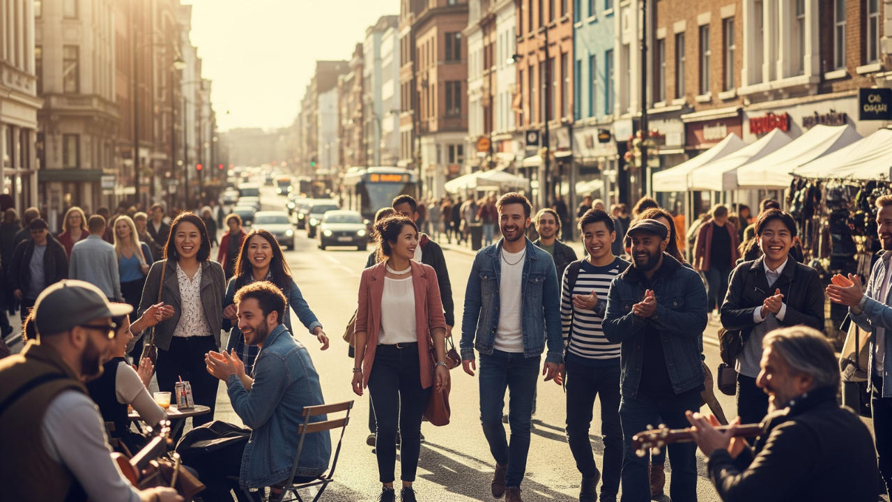 a generic city street with happy groups of people and buskers