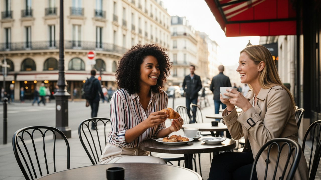 two women sitting at an outdoor cafe enjoying coffee