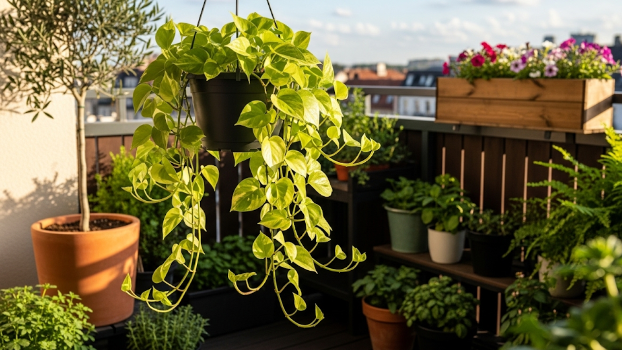 devil's ivy in a hanging pot on a balcony