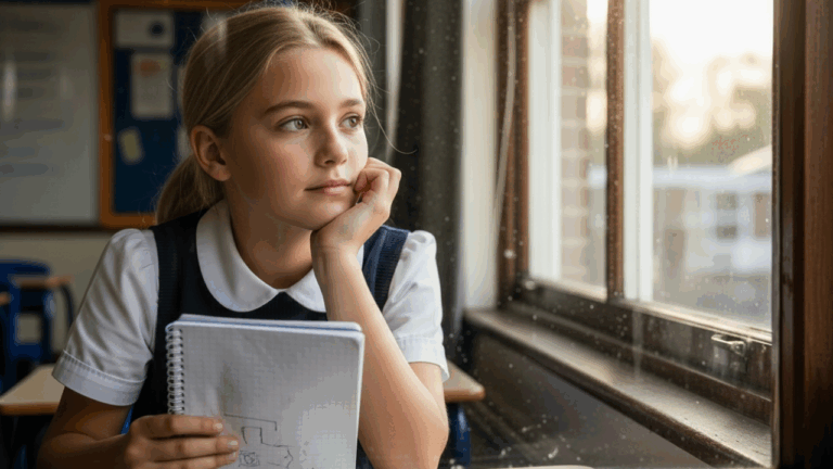 a girl daydreaming - one of the adhd symptoms in women - staring out the window of a classroom