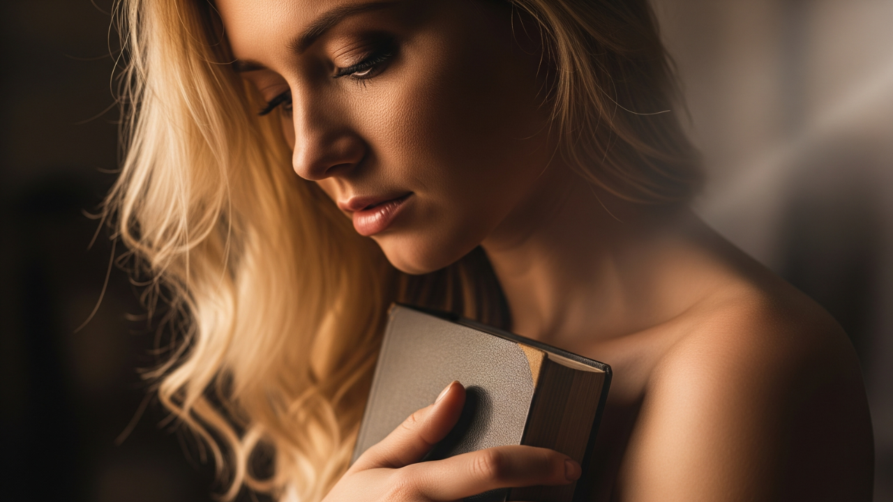 woman holding a book close to herself partly in shadow