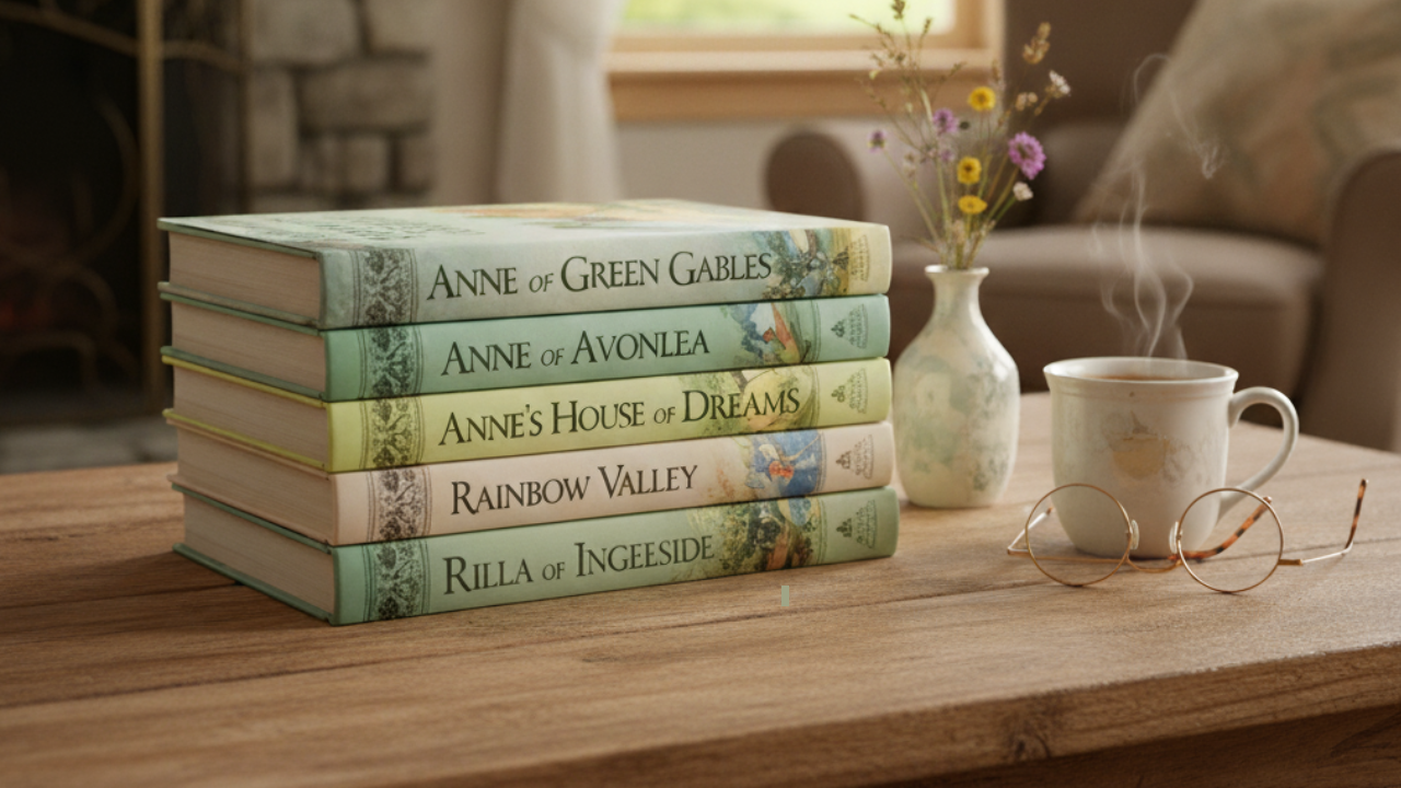 A stack of books from the Anne of Green Gables series