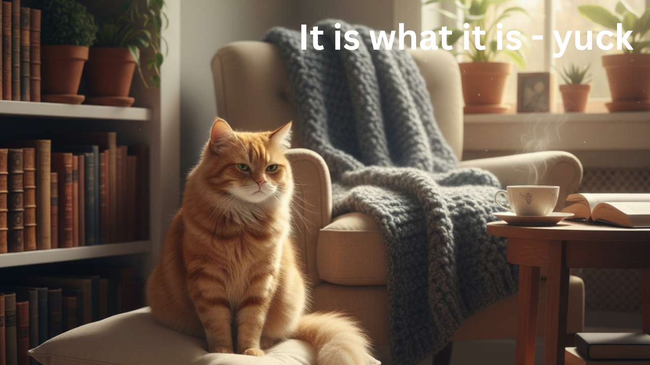 big ginger cat in a cosy reading nook looking unimpressed illustrating reflection on the “it is what it is” meaning.