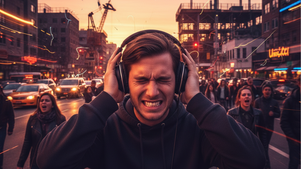 Man with headphones having trouble with the noise